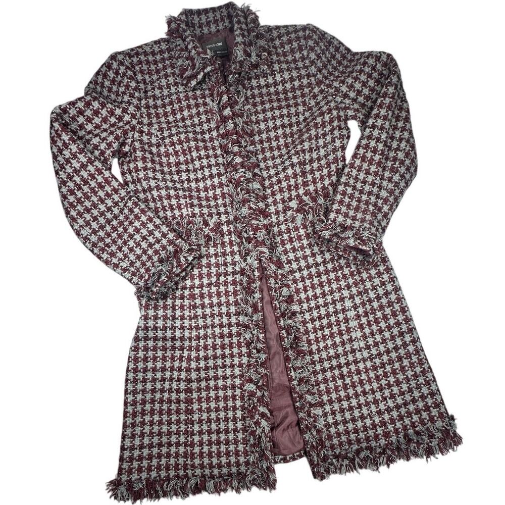 Focus 2000 Houndstooth Tweed Fringe Longline Jacket Metallic Burgundy